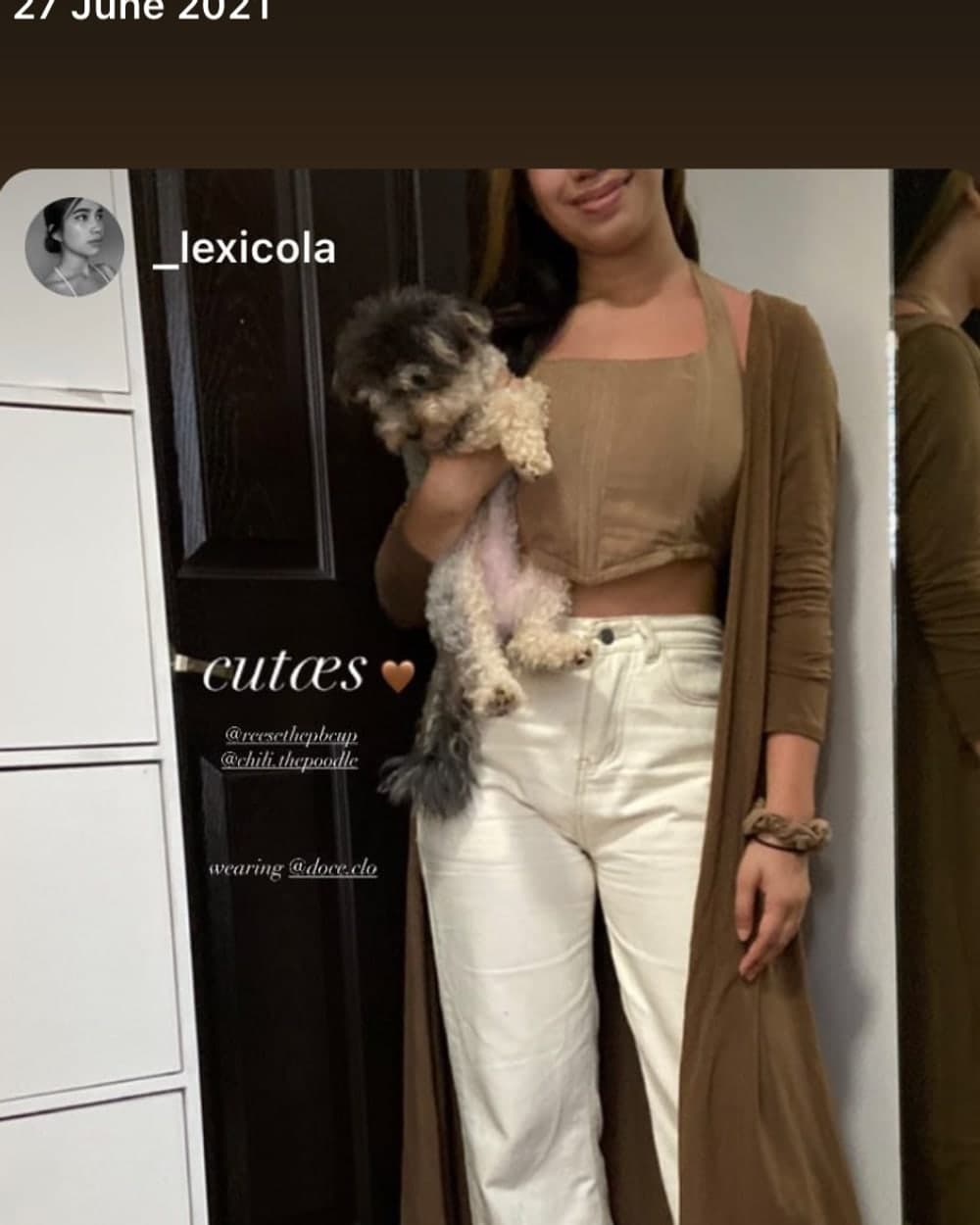 A customer in the brown doce linen corset top with white trousers, holding a poodle